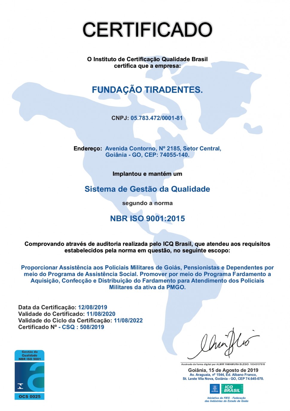 Certificado ISO 9001:2015 Fundação Tiradentes