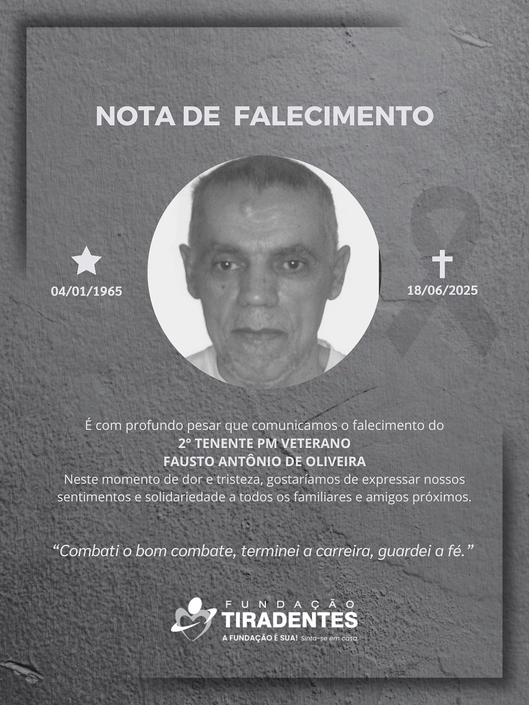 Nota de Pesar: 2° Tenente PM Veterano Fausto Antônio de Oliveira