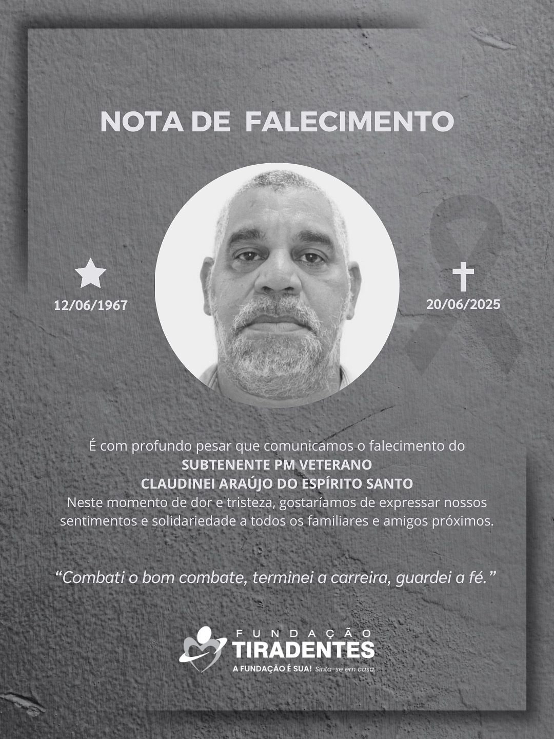 Nota de Pesar: Subtenente PM Veterano Claudinei Araújo do Espírito Santo