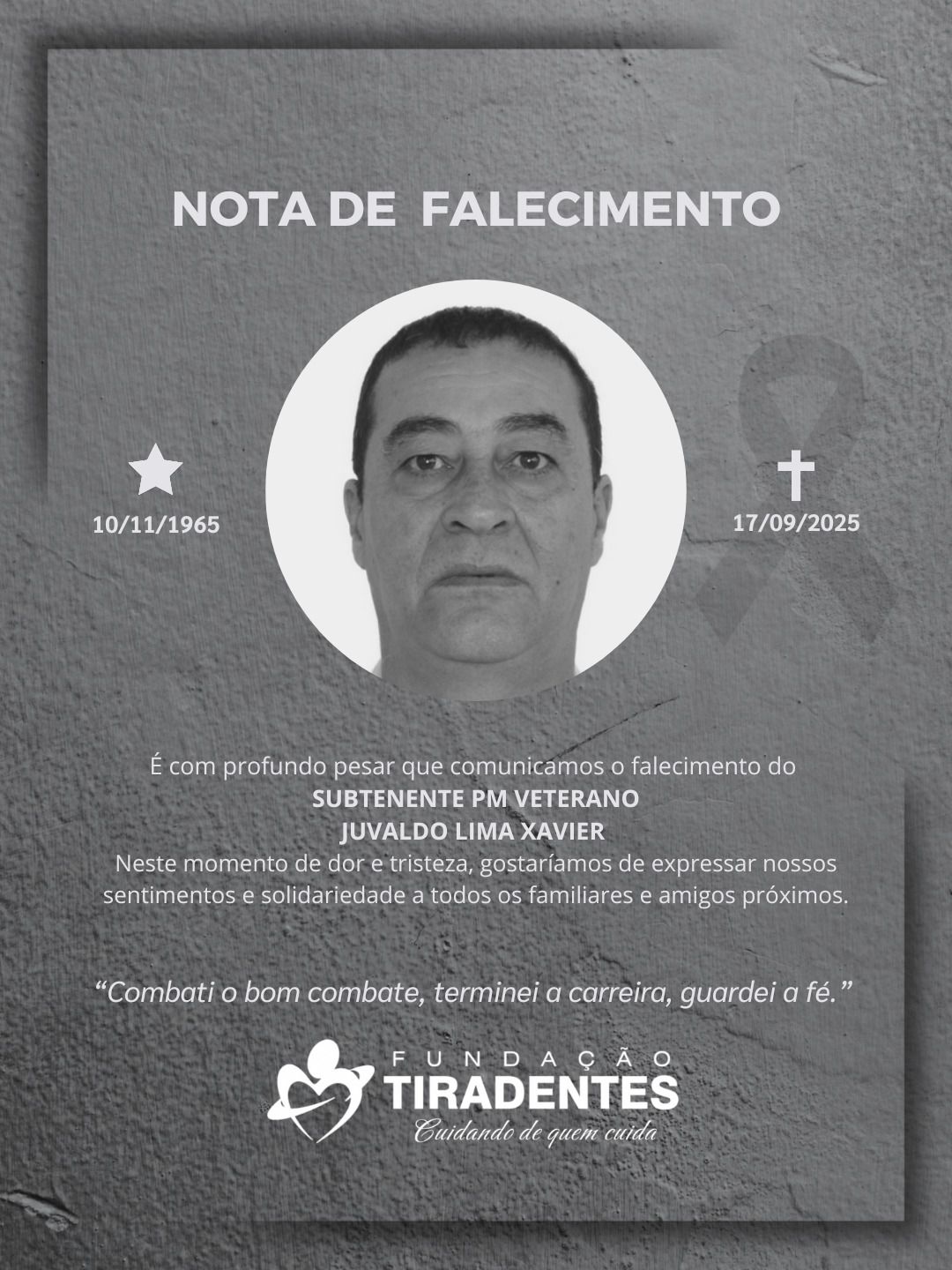 Nota de Pesar: Subtenente PM Veterano Juvaldo Lima Xavier