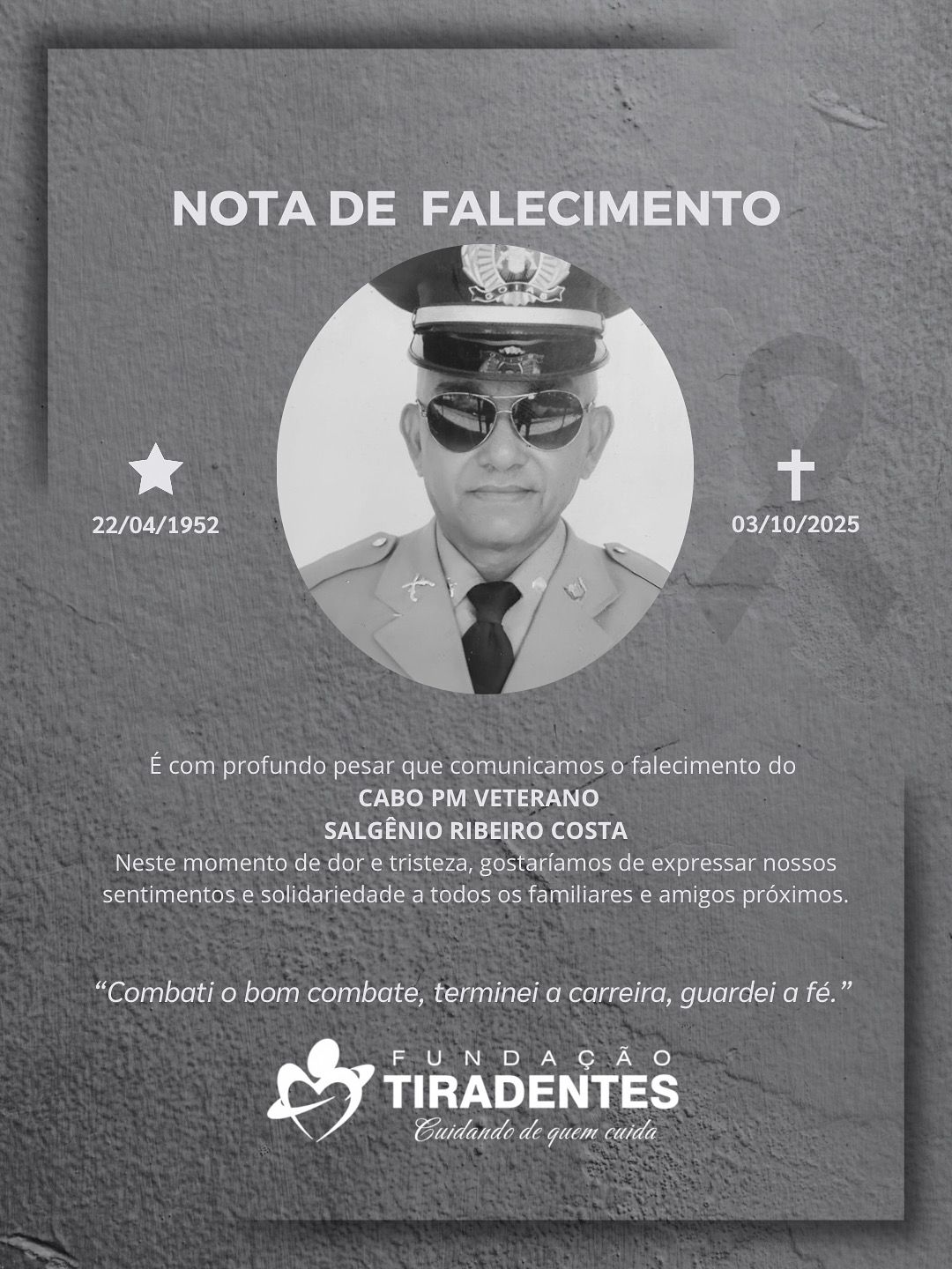 Nota de Pesar: Cabo PM Veterano Salgênio Ribeiro Costa