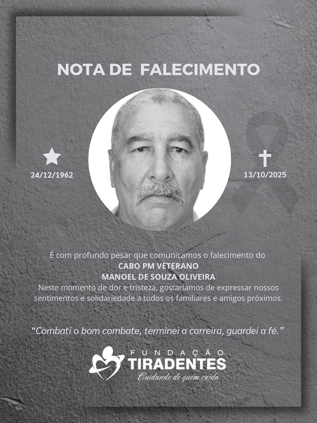 Nota de Pesar: Cabo PM Veterano Manoel de Souza Oliveira